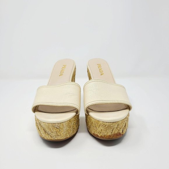 Prada Ivory Leather Slip On Wedge Sandals - Picture 6 of 13
